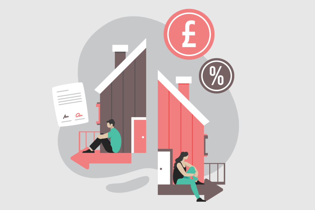 Vector illustration of a house split in two with a man and woman sitting apart, symbolising separation and property disputes under TOLATA.