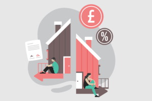 Vector illustration of a house split in two with a man and woman sitting apart, symbolising separation and property disputes under TOLATA.