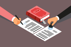 Illustration of two people signing and stamping a financial settlement document with a law book on the table.