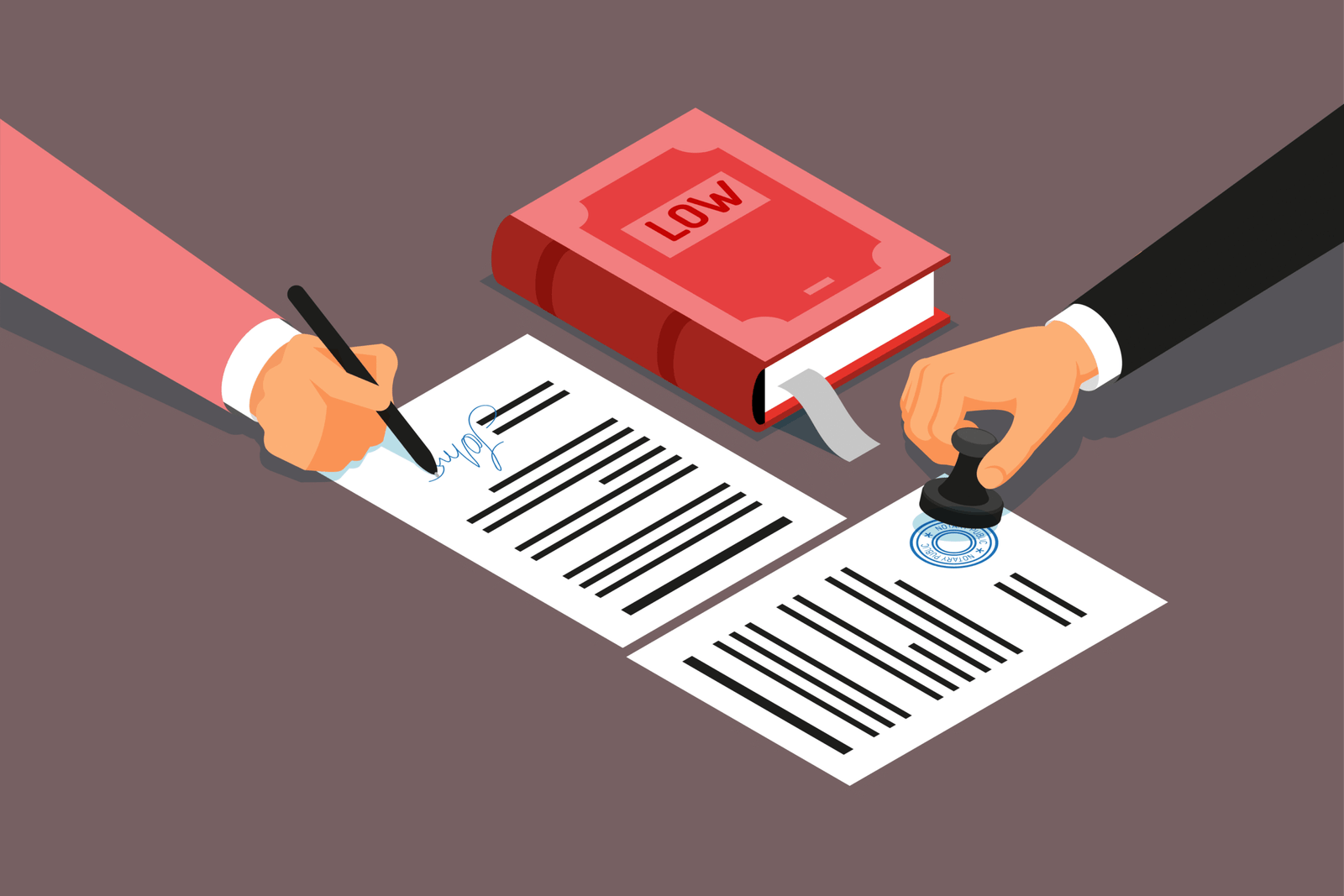 Illustration of two people signing and stamping a financial settlement document with a law book on the table.