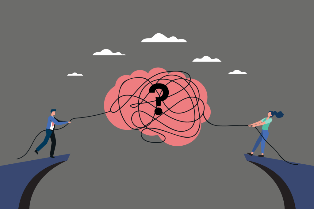 Illustration showing a separated couple pulling tangled threads apart, representing resolving conflict through family mediation