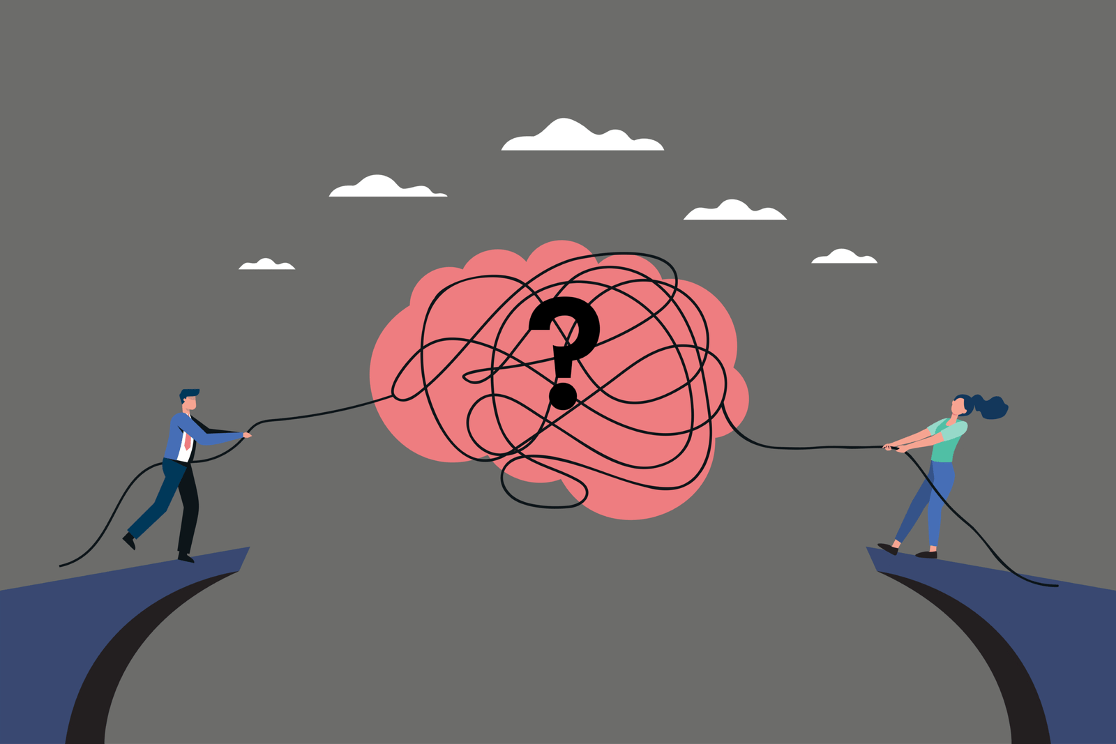 Illustration showing a separated couple pulling tangled threads apart, representing resolving conflict through family mediation